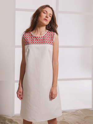 White dress with red-and-black embroidery, M/L