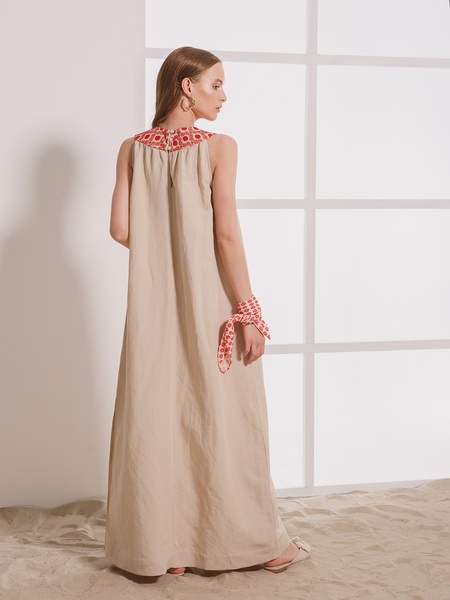 Cream maxi dress with red embroidery, S/M