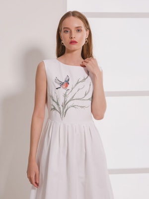 White dress with tit bird embroidery