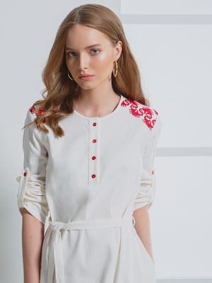 White dress with red pattern