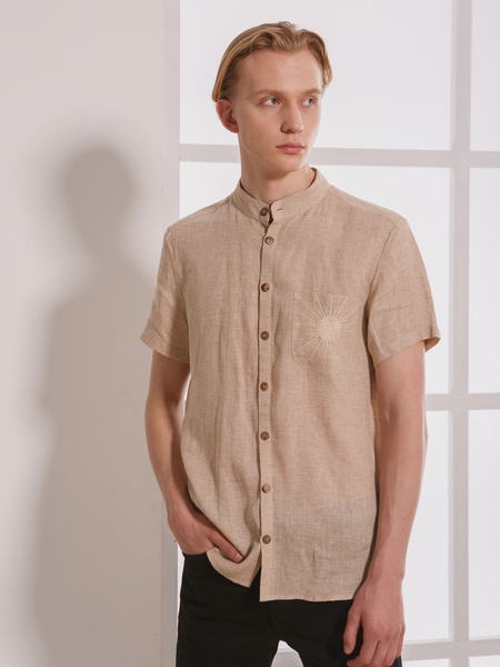 Beige short sleeve linen shirt with embroidery, S/M