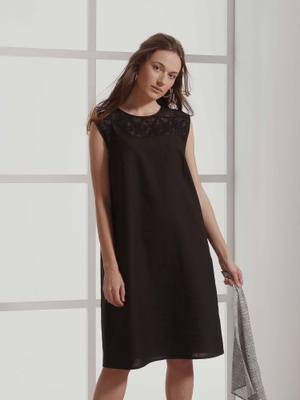 Черное льняное платье с мережкой, M/L