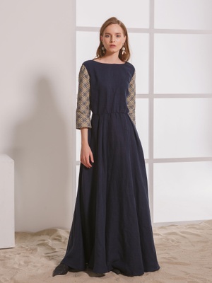Maxi dark blue dress (hand embroidered sleeves)