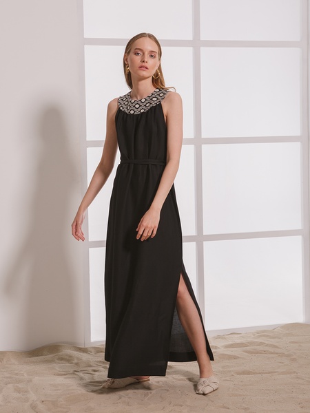 Black long dress with white pattern, S/M