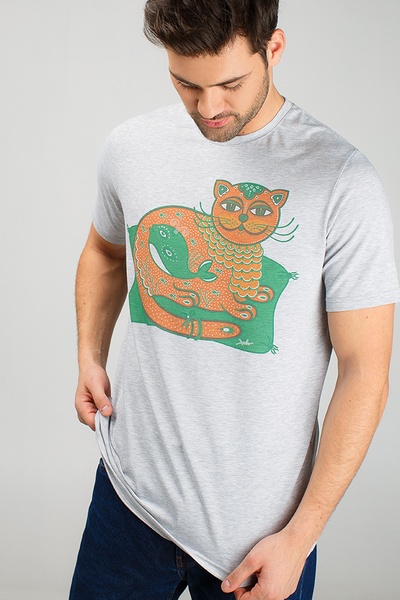 Серая мужская футболка с принтом кота, S
