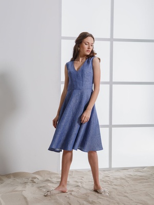 Blue linen denim dress with V neck, XS/S