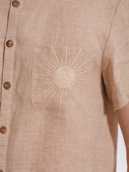 Beige short sleeve linen shirt with embroidery, S/M
