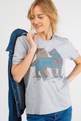 Сіра жіноча футболка з принтом вовка, S