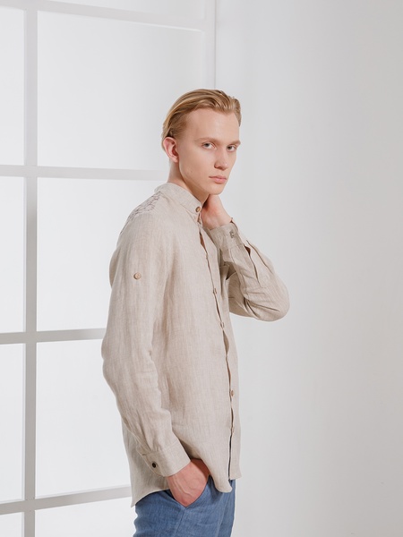 Linen men's shirt with gray embroidery, L/XL
