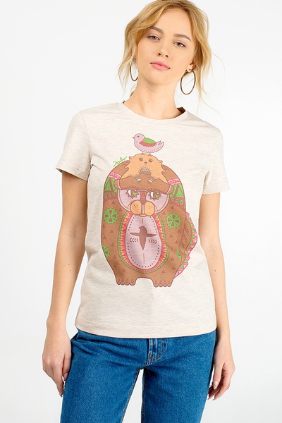 Beige women's t-shirt with beavers, S