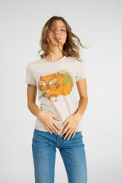 Бежевая футболка женская с лисенком, S