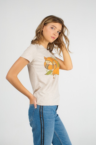Бежевая футболка женская с лисенком, S